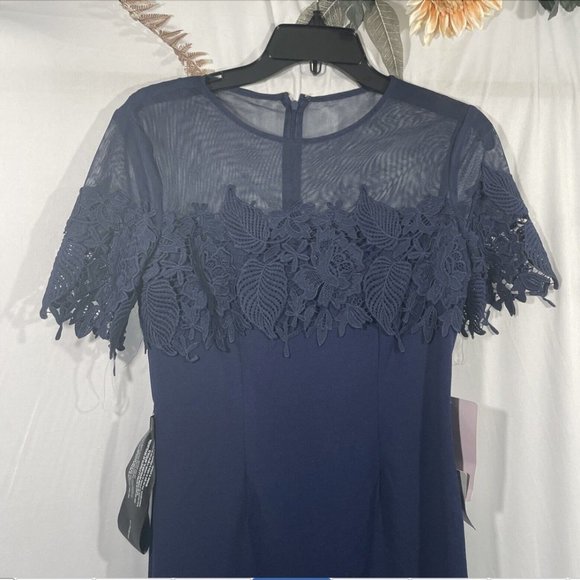 NWT JS‎ Collections [ 4 ] Crochet Embroidered Illusion Gown in Navy #Q261 - Picture 7 of 15